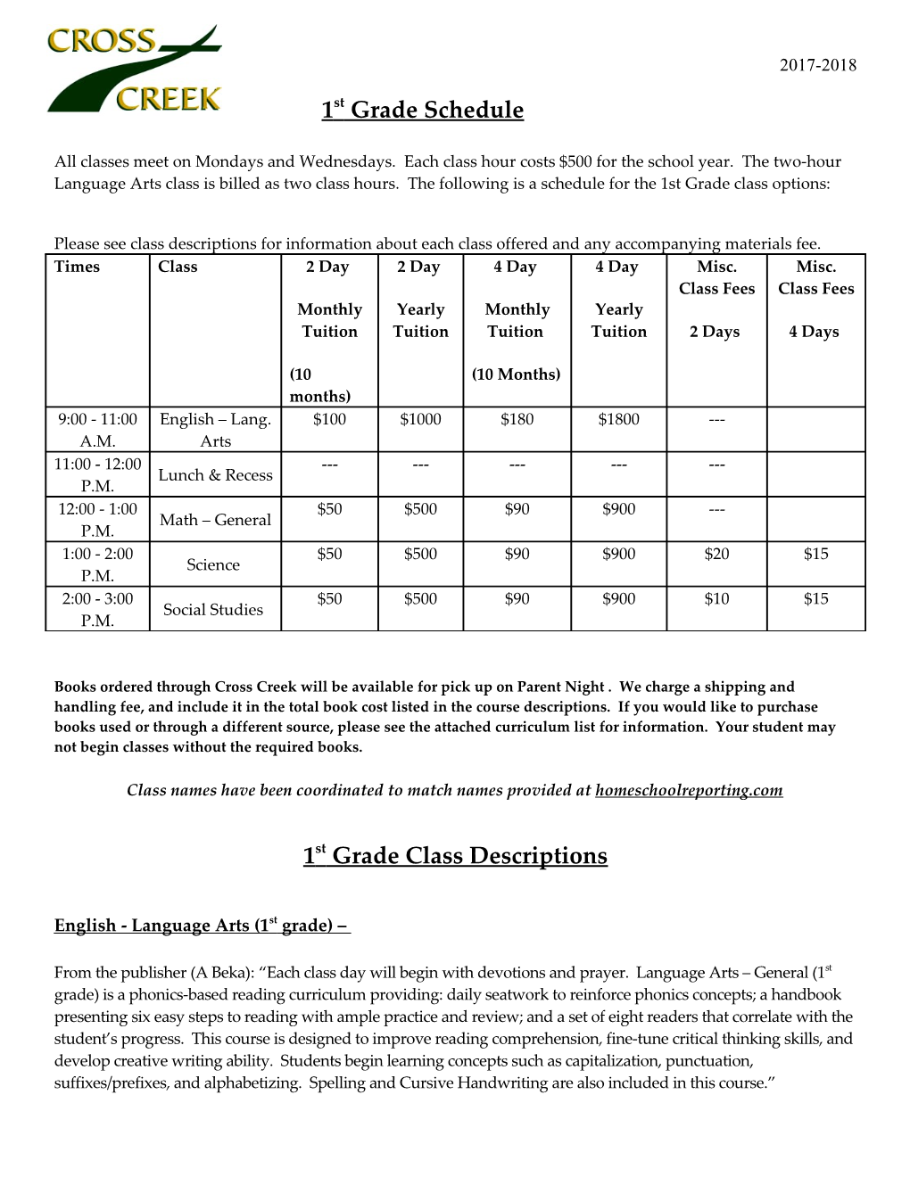 1St Grade Schedule