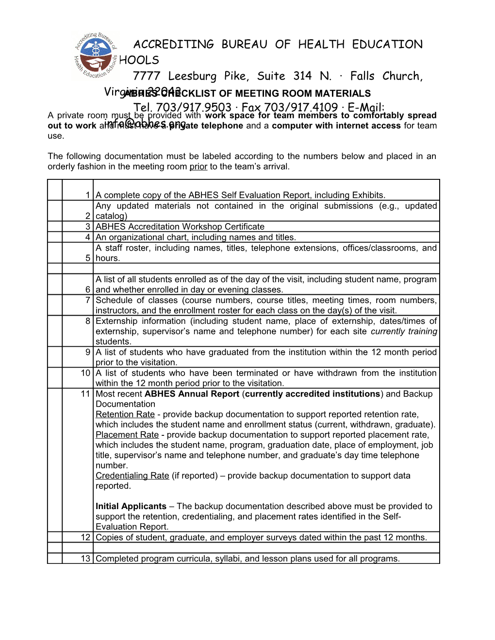 Abhes Checklist of Meeting Room Materials