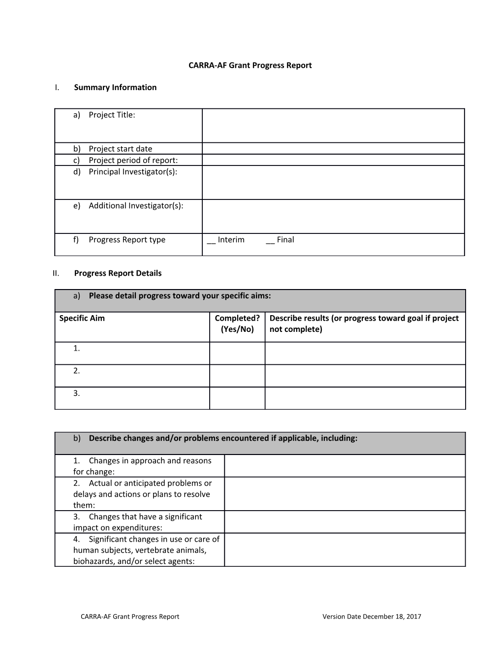 CARRA-AF Grant Progress Report