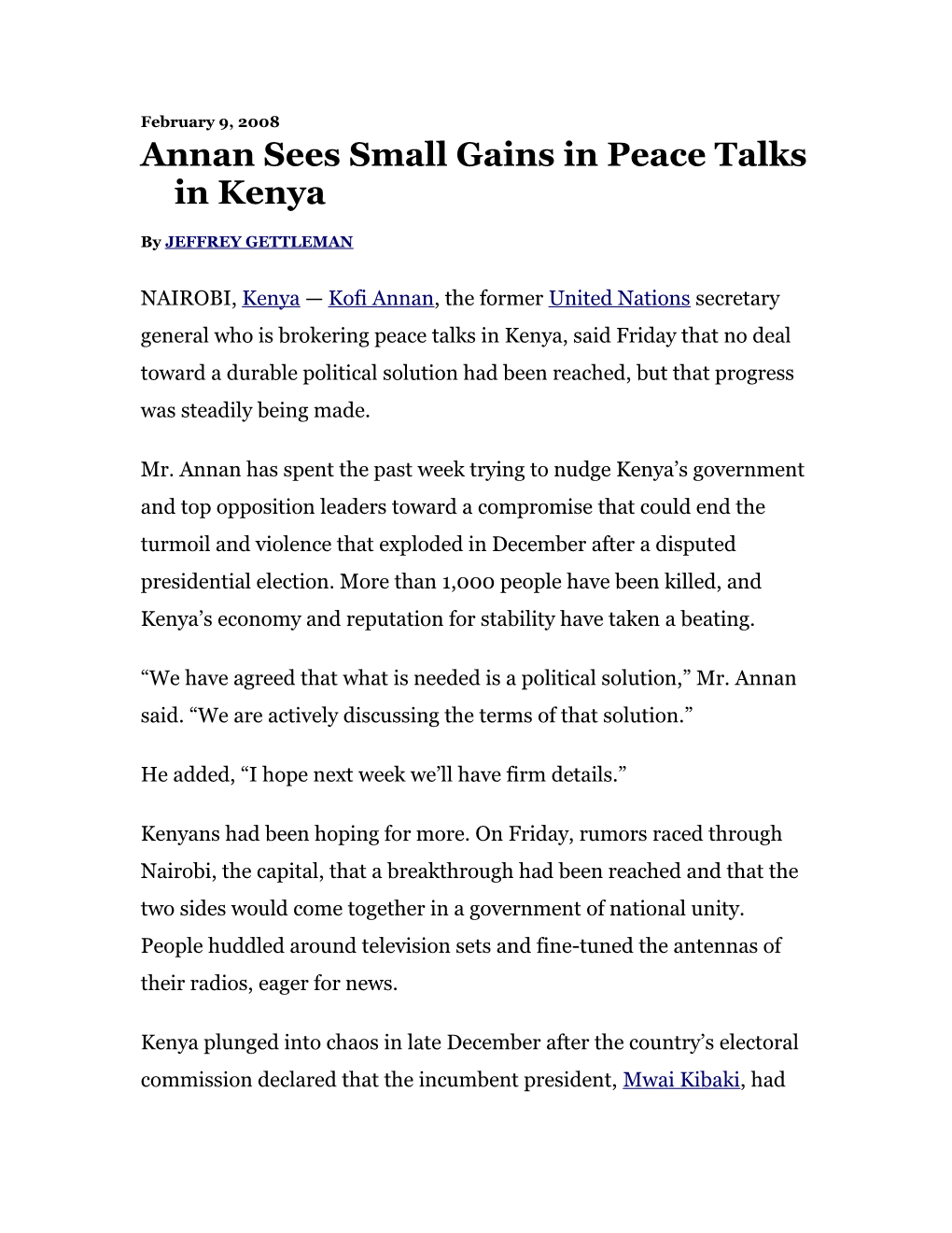 Annan Sees Small Gains in Peace Talks in Kenya