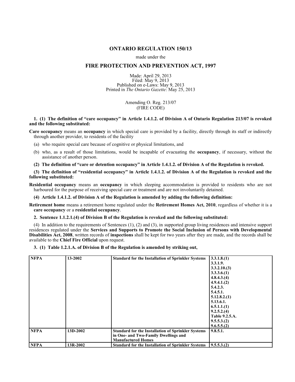 FIRE PROTECTION and PREVENTION ACT, 1997 - O. Reg. 150/13