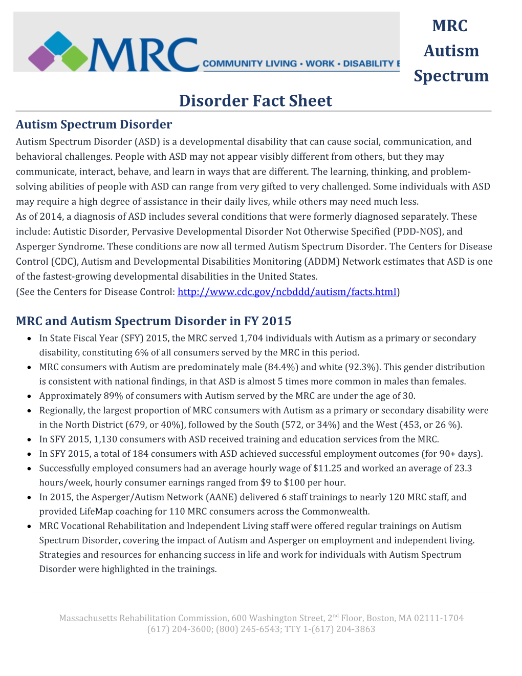 MRC Autism Spectrum Disorder Factsheet