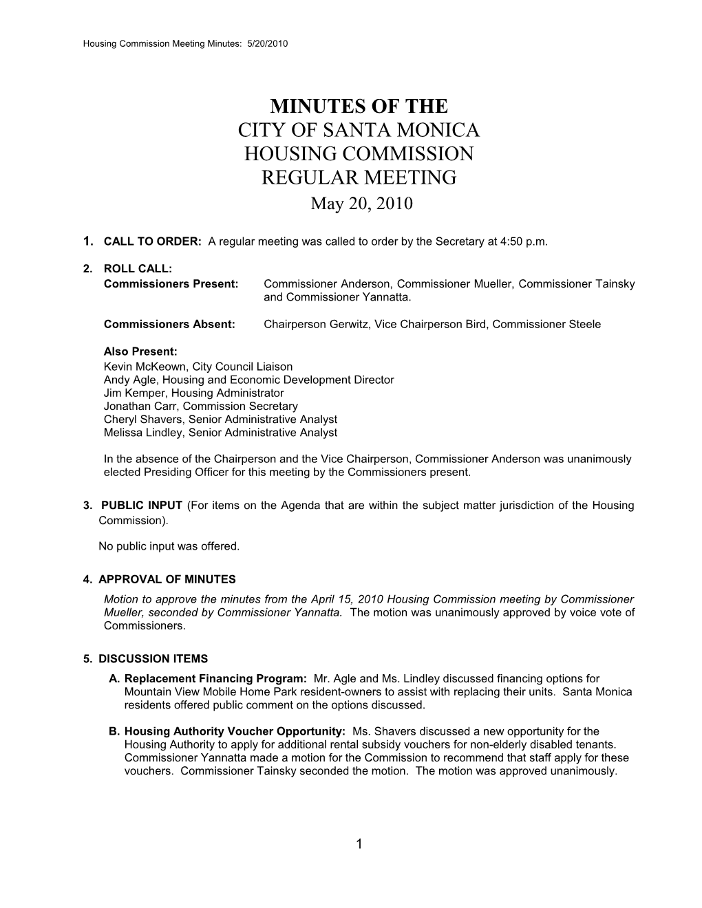 Housing Commission Meeting Minutes: 5/20/2010