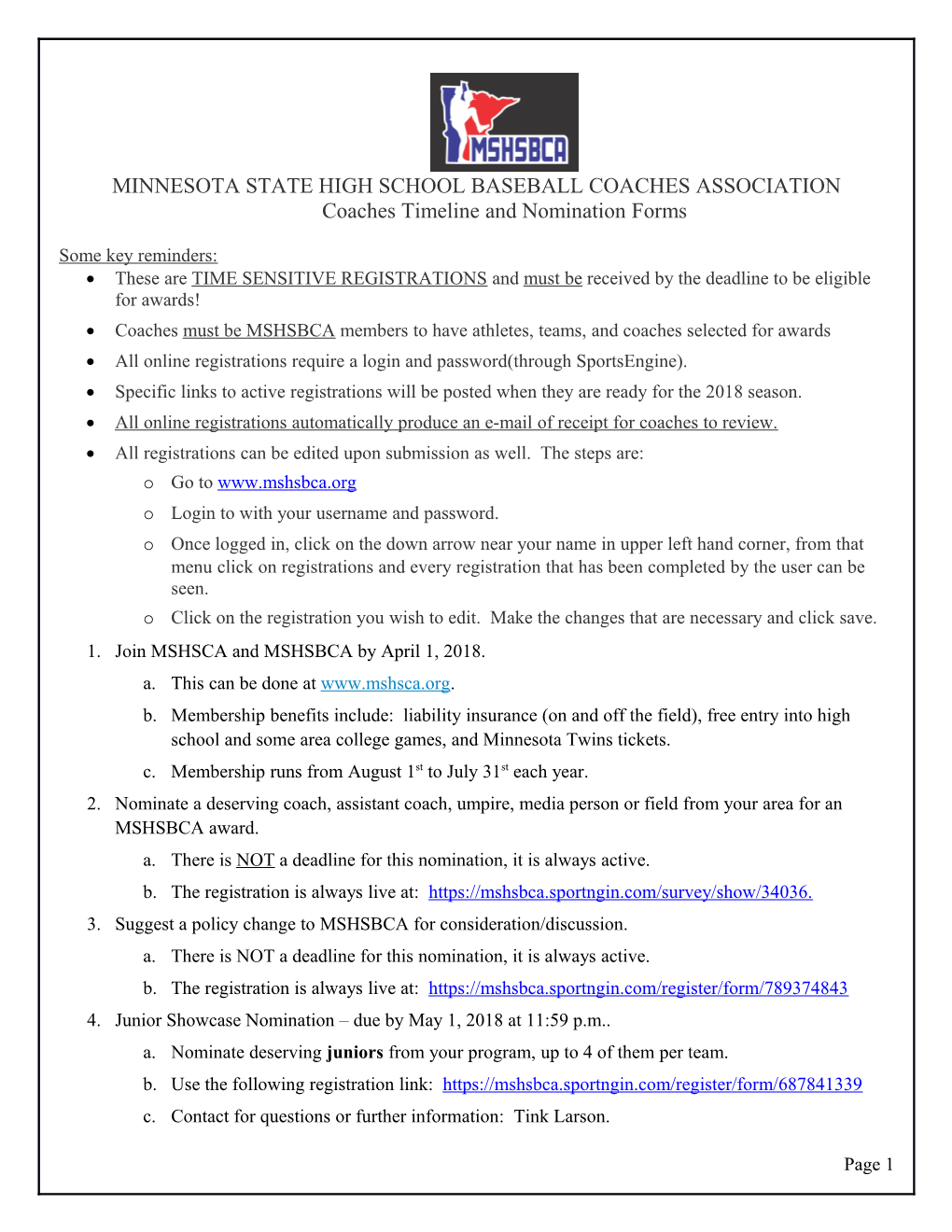 Coaches Timeline and Nomination Forms