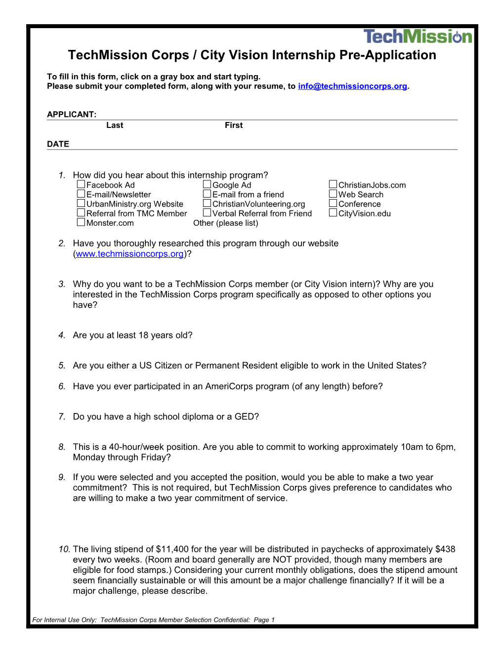 Techmission Corps / City Vision Internshippre-Application