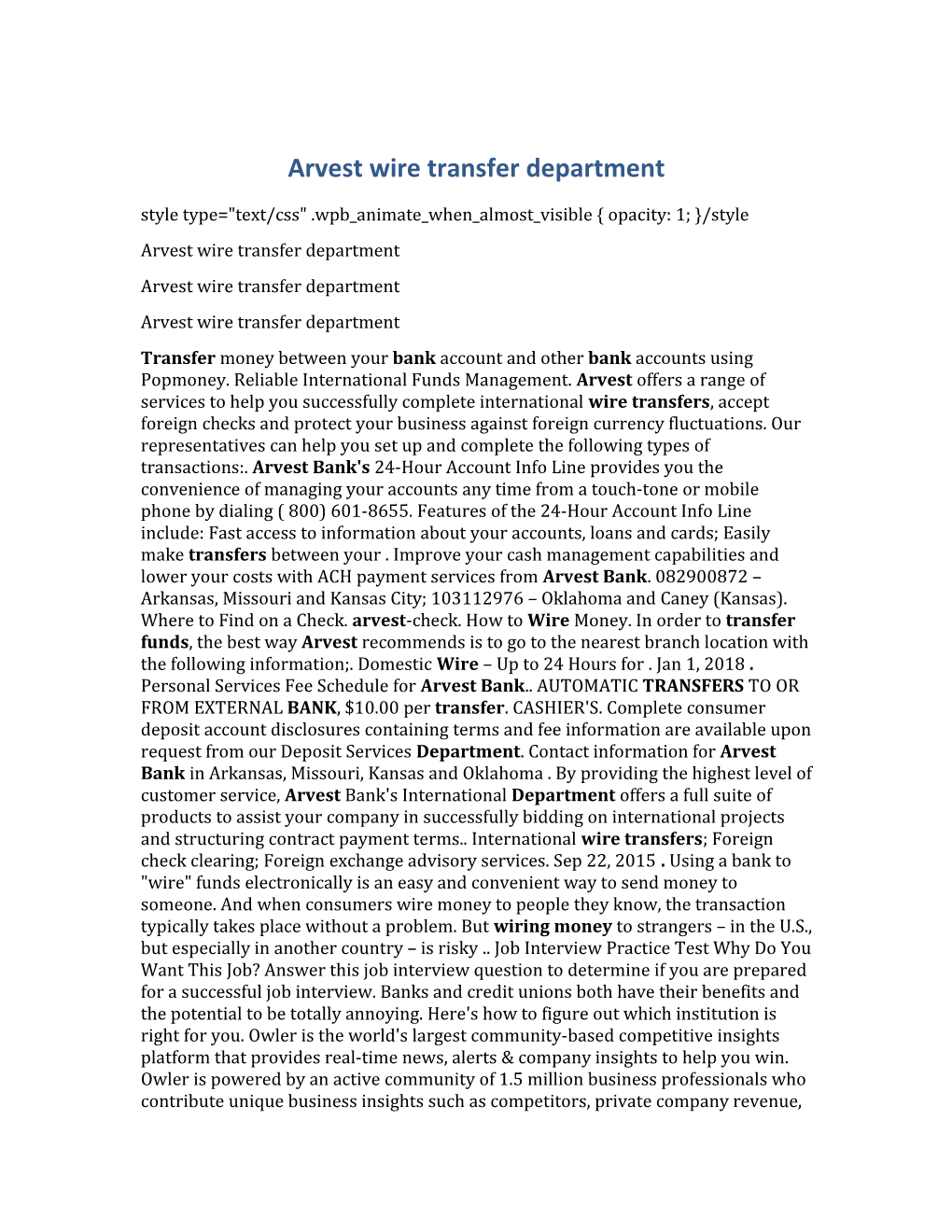 Arvest Wire Transfer Department