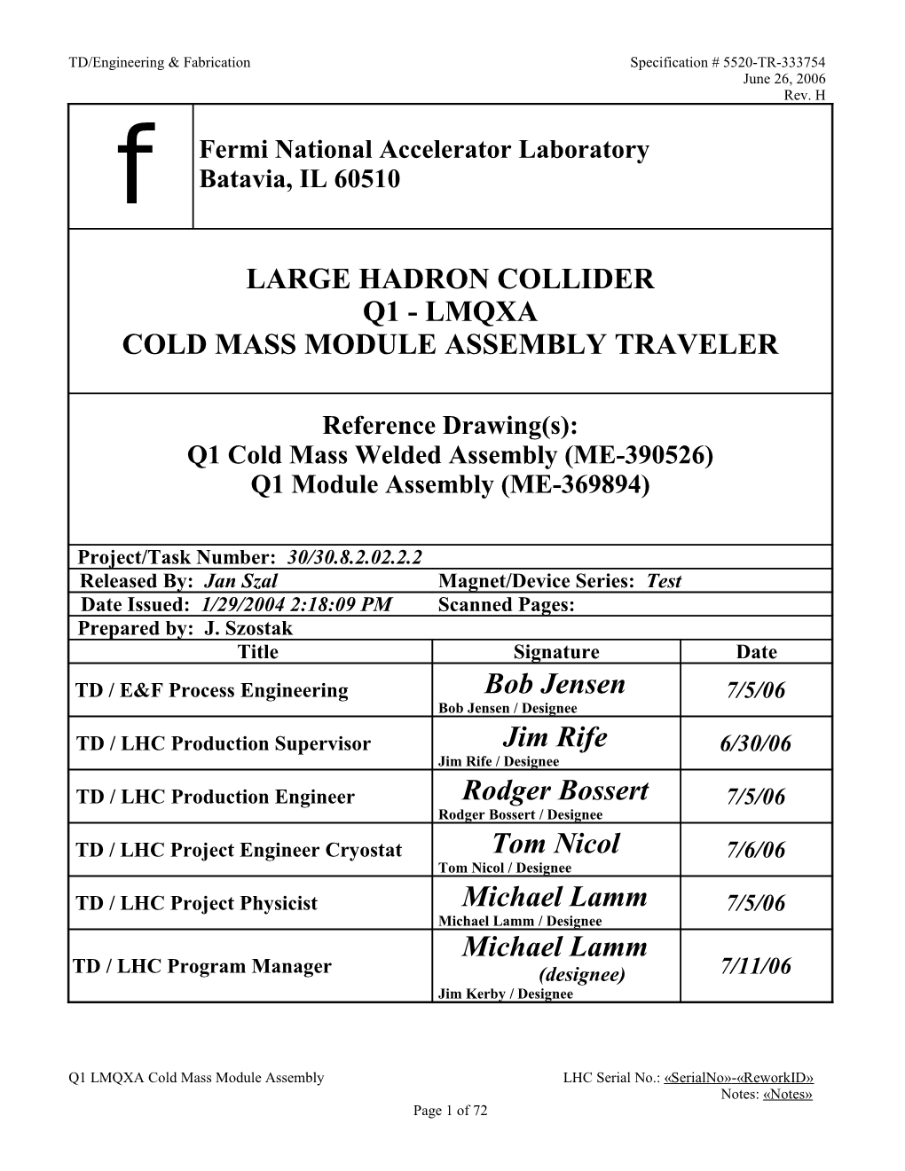 TD/Engineering & Fabricationspecification # 5520-TR-333754