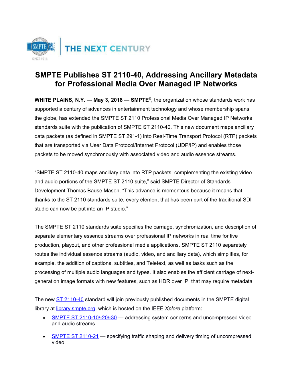 SMPTE Publishes ST 2110-40, Addressing Ancillary Metadata for Professional Media Over
