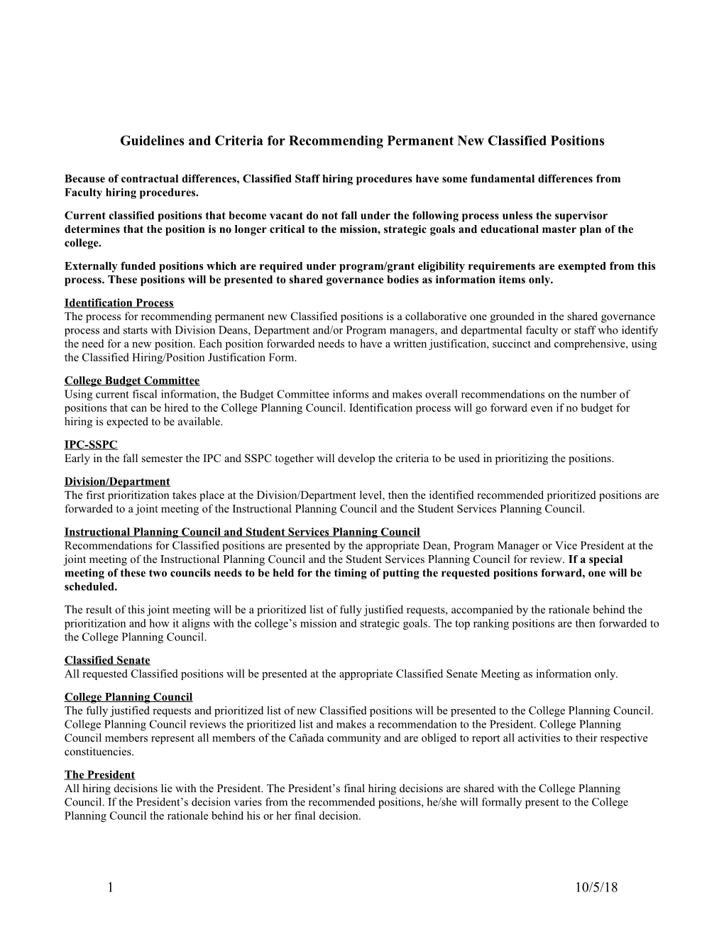 Guidelines and Criteria for Recommending Permanent New Classified Positions