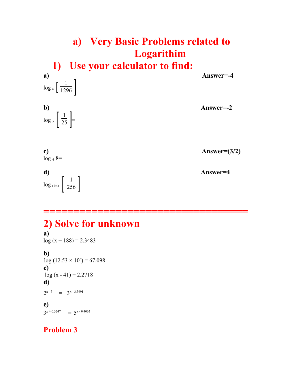 A)Very Basic Problems Related to Logarithim