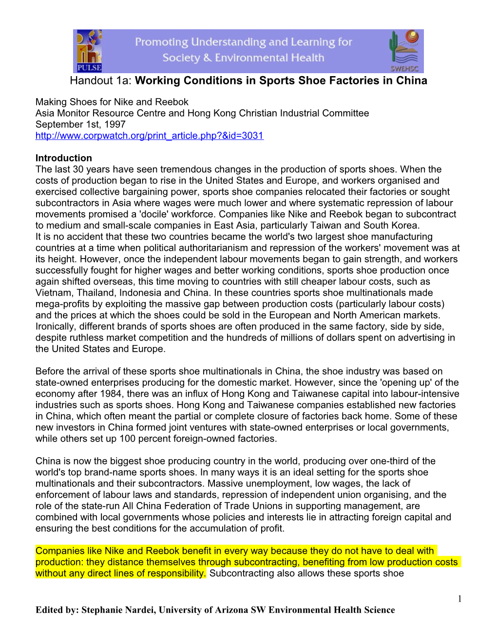 Handout 1A: Working Conditions in Sports Shoe Factories in China