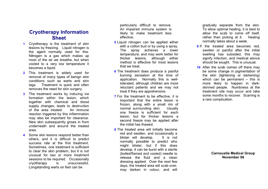 Patient Information Sheet Cryotherapy