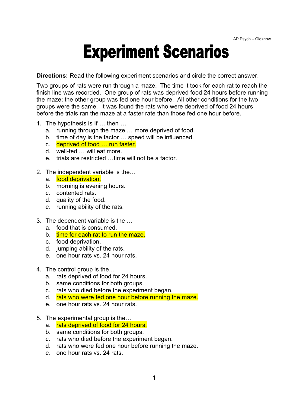 Directions: Read the Following Experiment Scenarios and Circle the Correct Answer