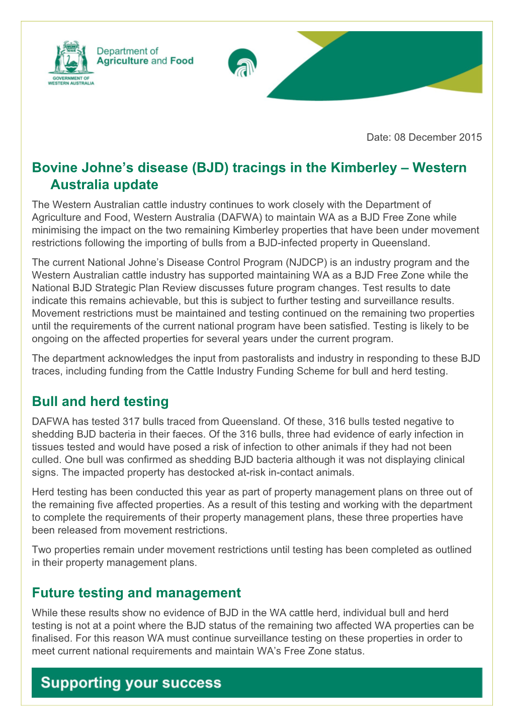 Bovine Johne S Disease (BJD) Tracings in the Kimberley Western Australia Update
