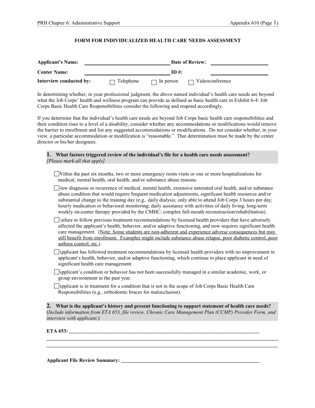 Form for Individualized Health Care Needs Assessment