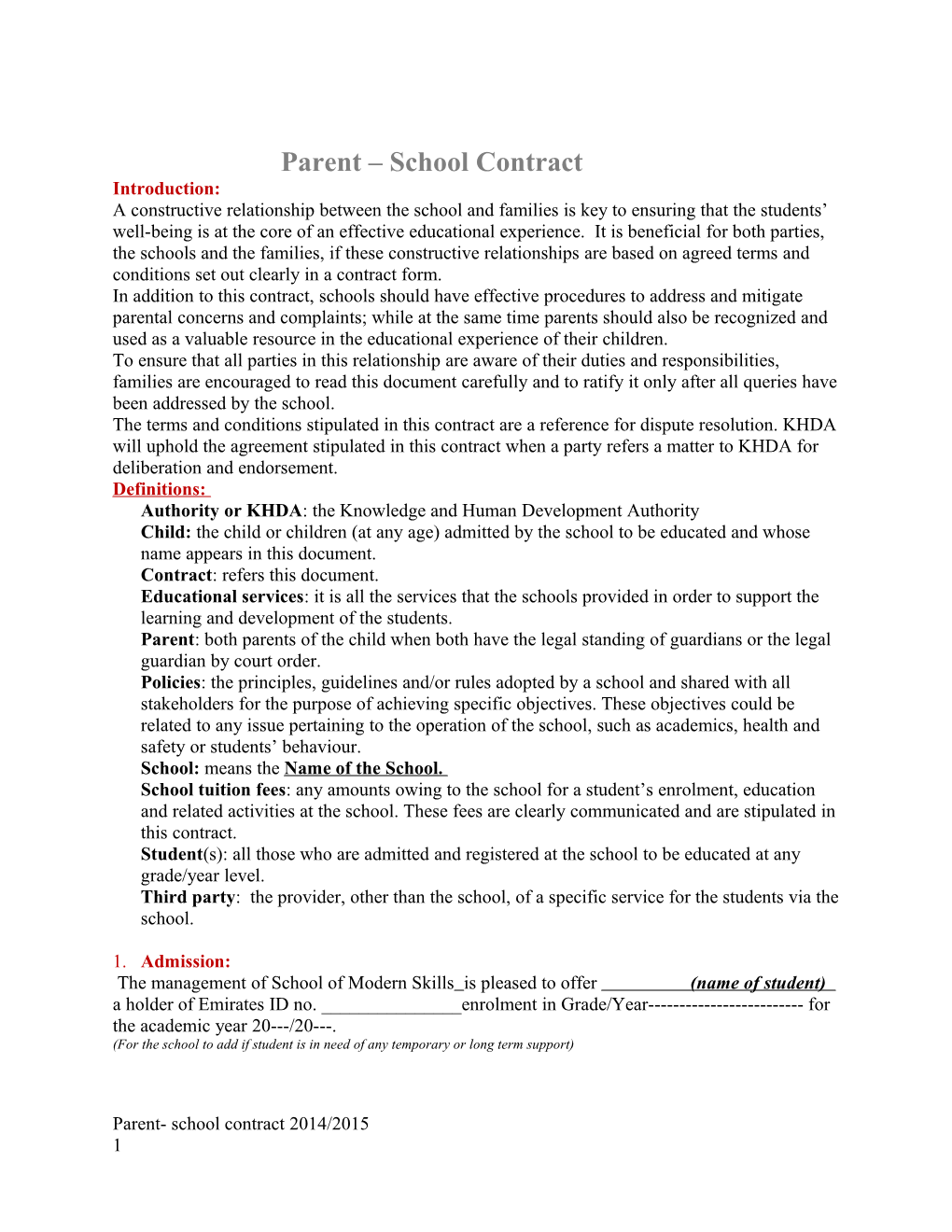 Parent School Contract