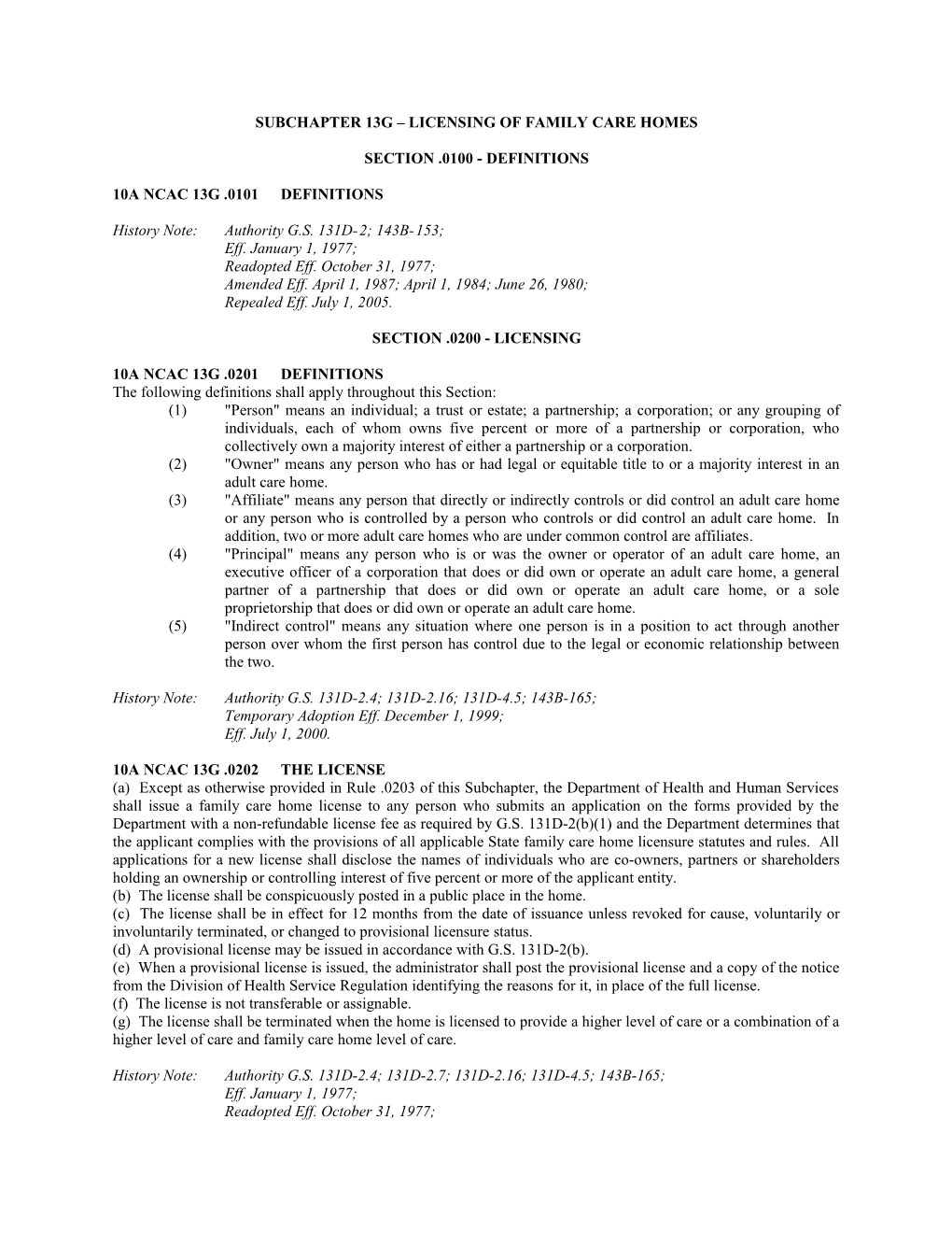 Subchapter 13G Licensing of Family Care Homes