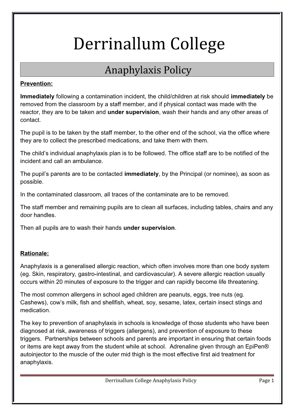 Anaphylaxis Policy