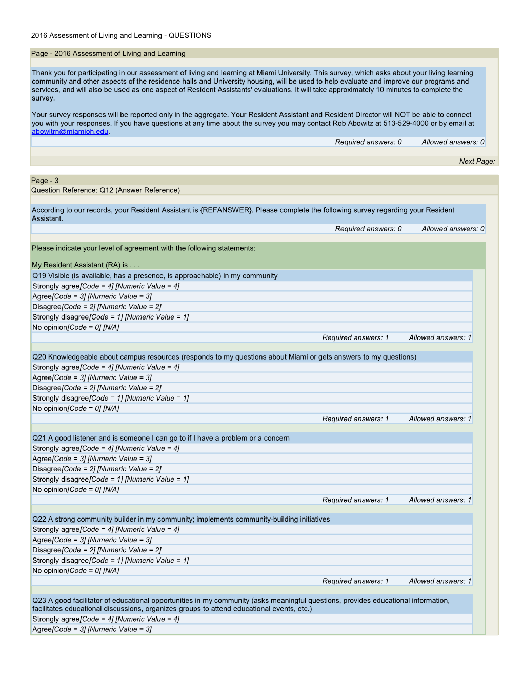 2016 Assessment of Living and Learning - QUESTIONS