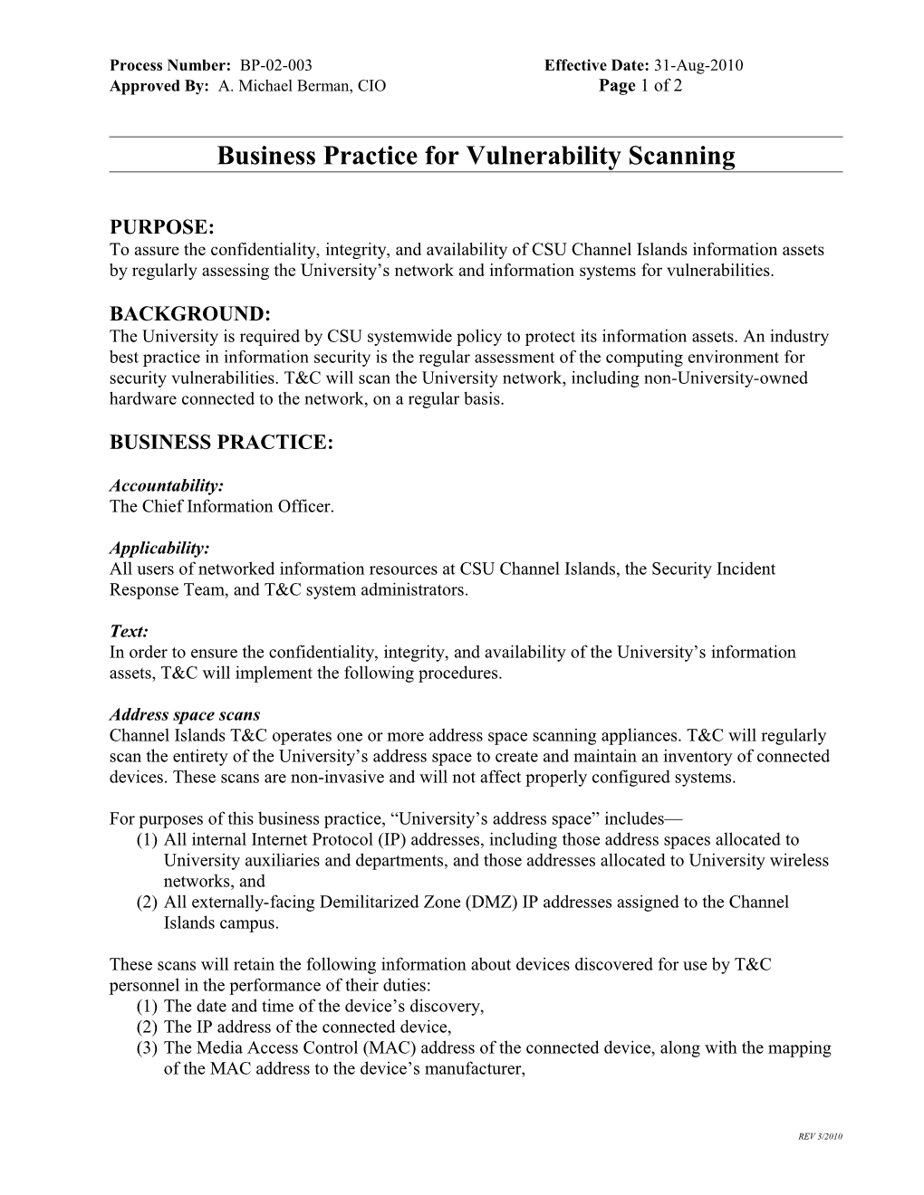 Business Practice for Vulnerability Scanning