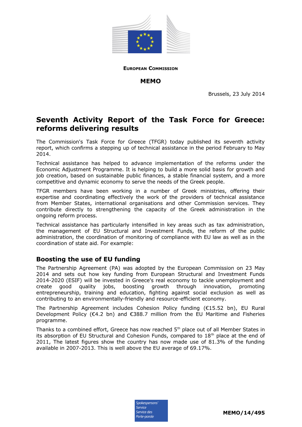 Seventh Activity Report of the Task Force for Greece: Reforms Delivering Results