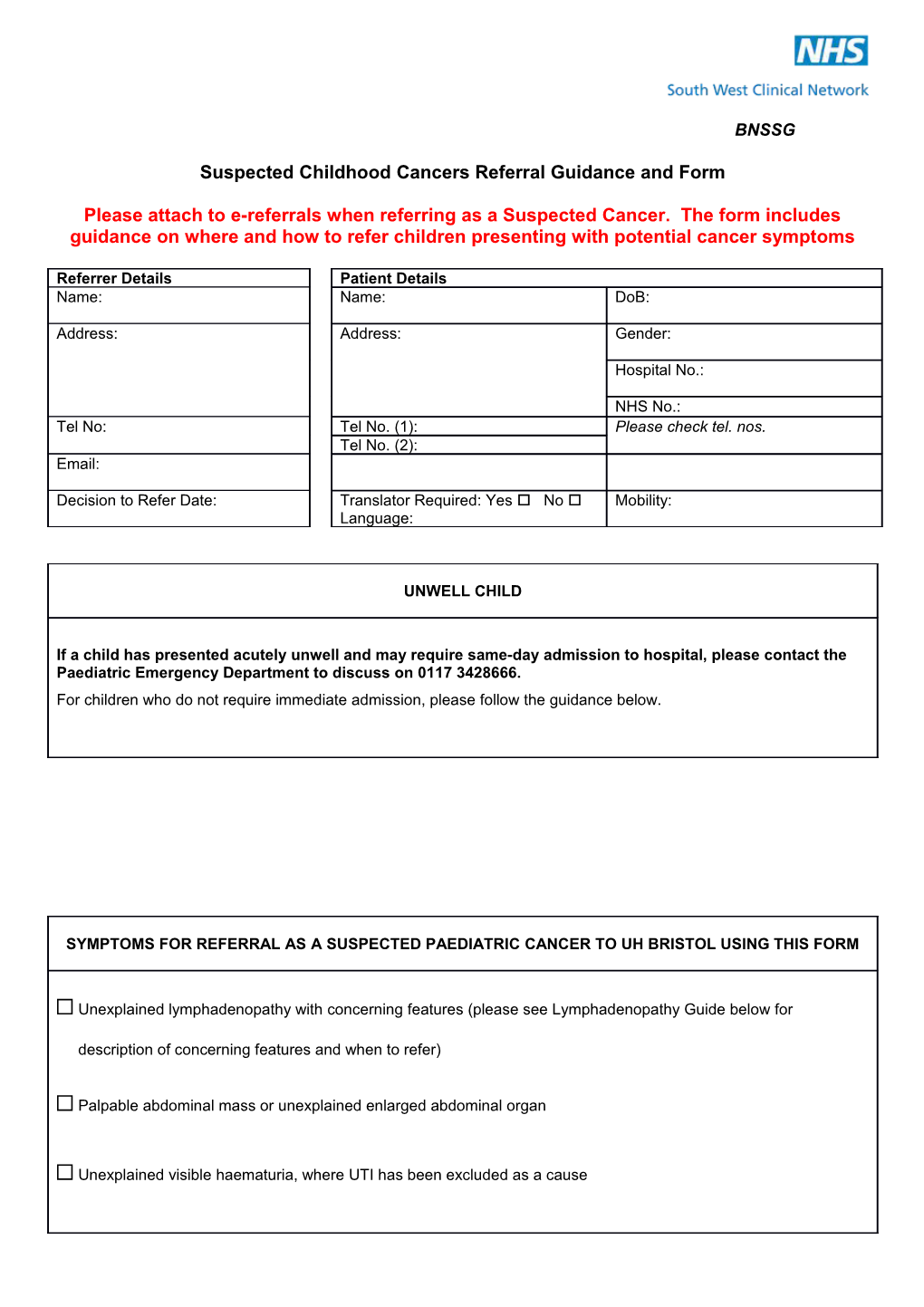 Suspected Childhood Cancers Referral Guidanceand Form