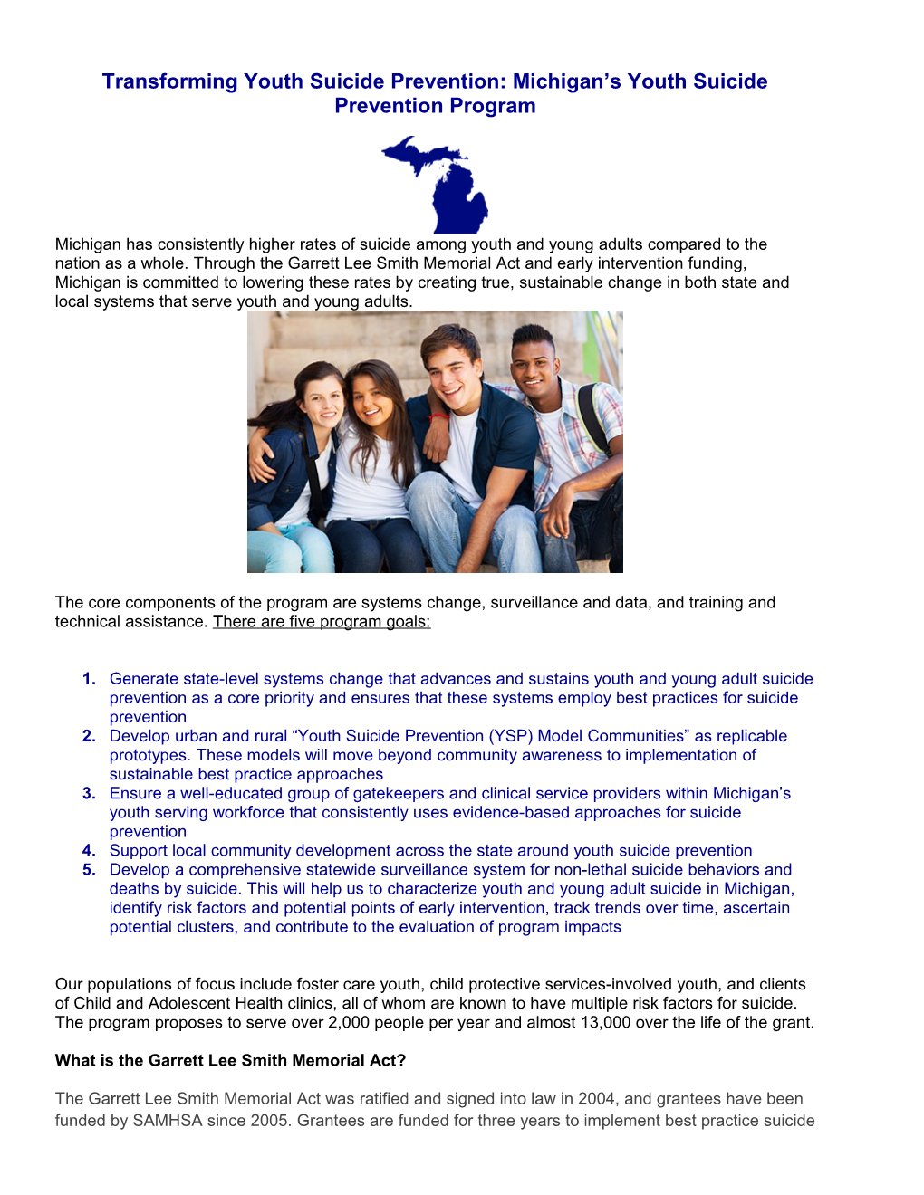 Transforming Youth Suicide Prevention: Michigan S Youth Suicide Prevention Program