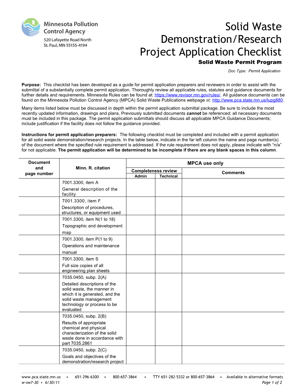 Solid Waste Demonstration/Research Project Application Checklist - Form