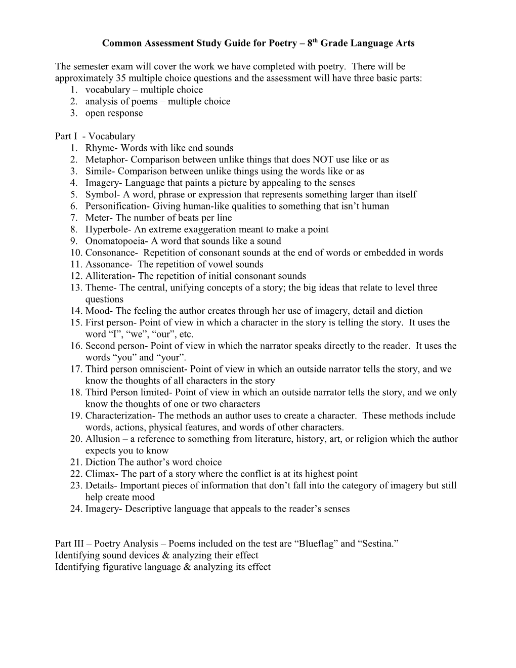 Common Assessment Study Guide for Poetry 8Th Grade Language Arts