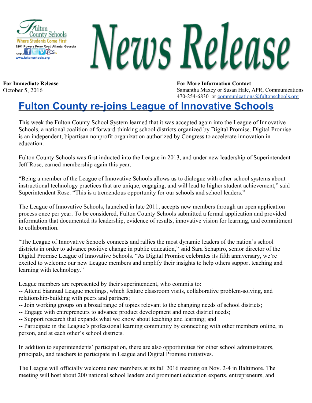 Fulton County Re-Joins League of Innovative Schools