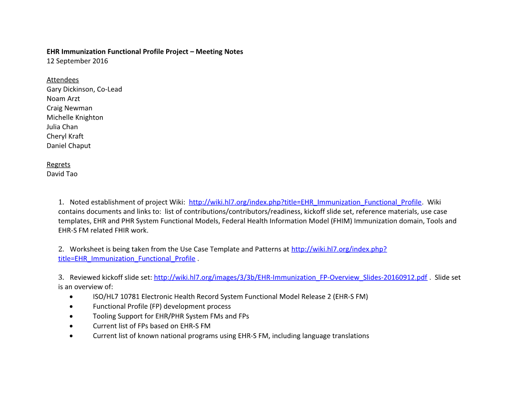 EHR Immunization Functional Profile Project Meeting Notes