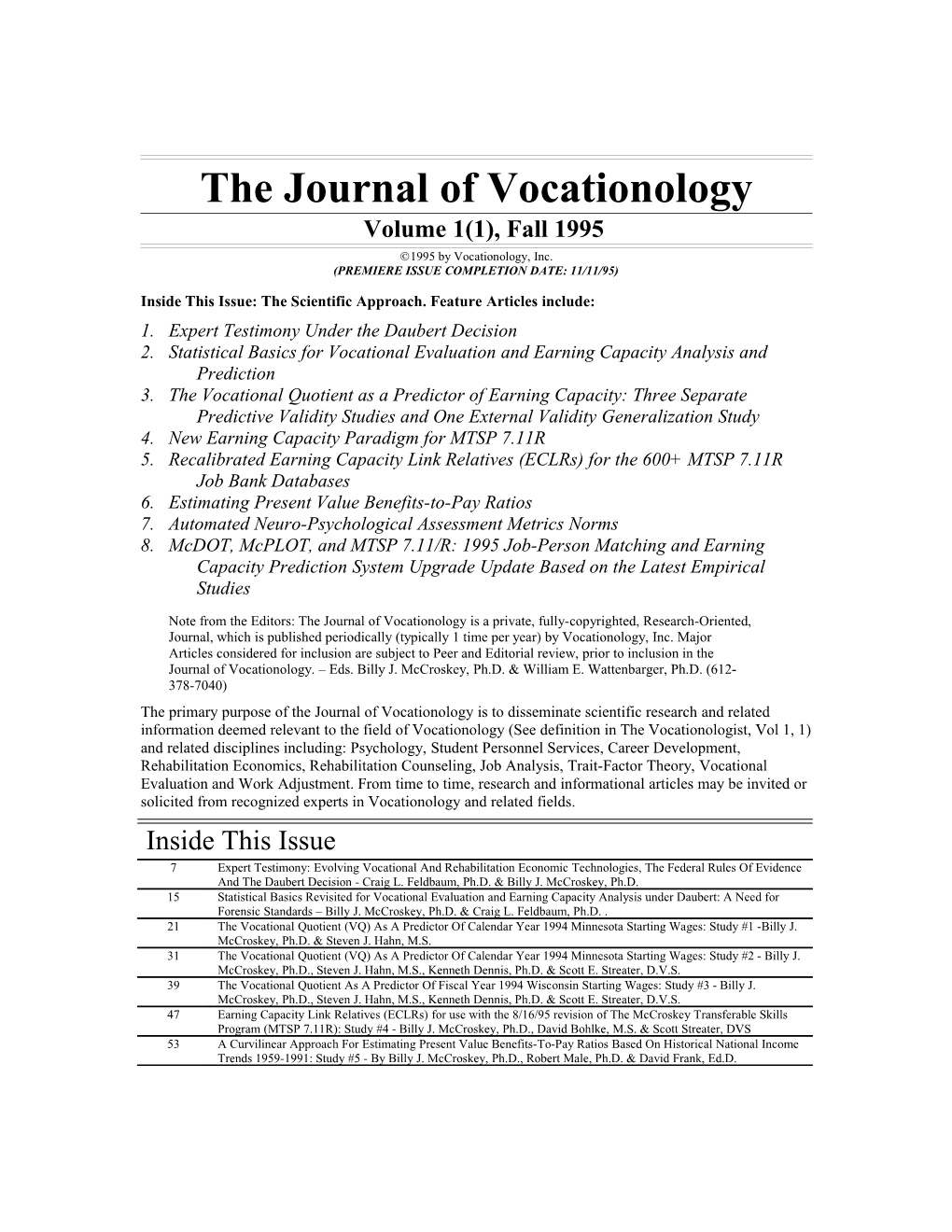 Journal of Vocationology, Vol. 1, Issue 1