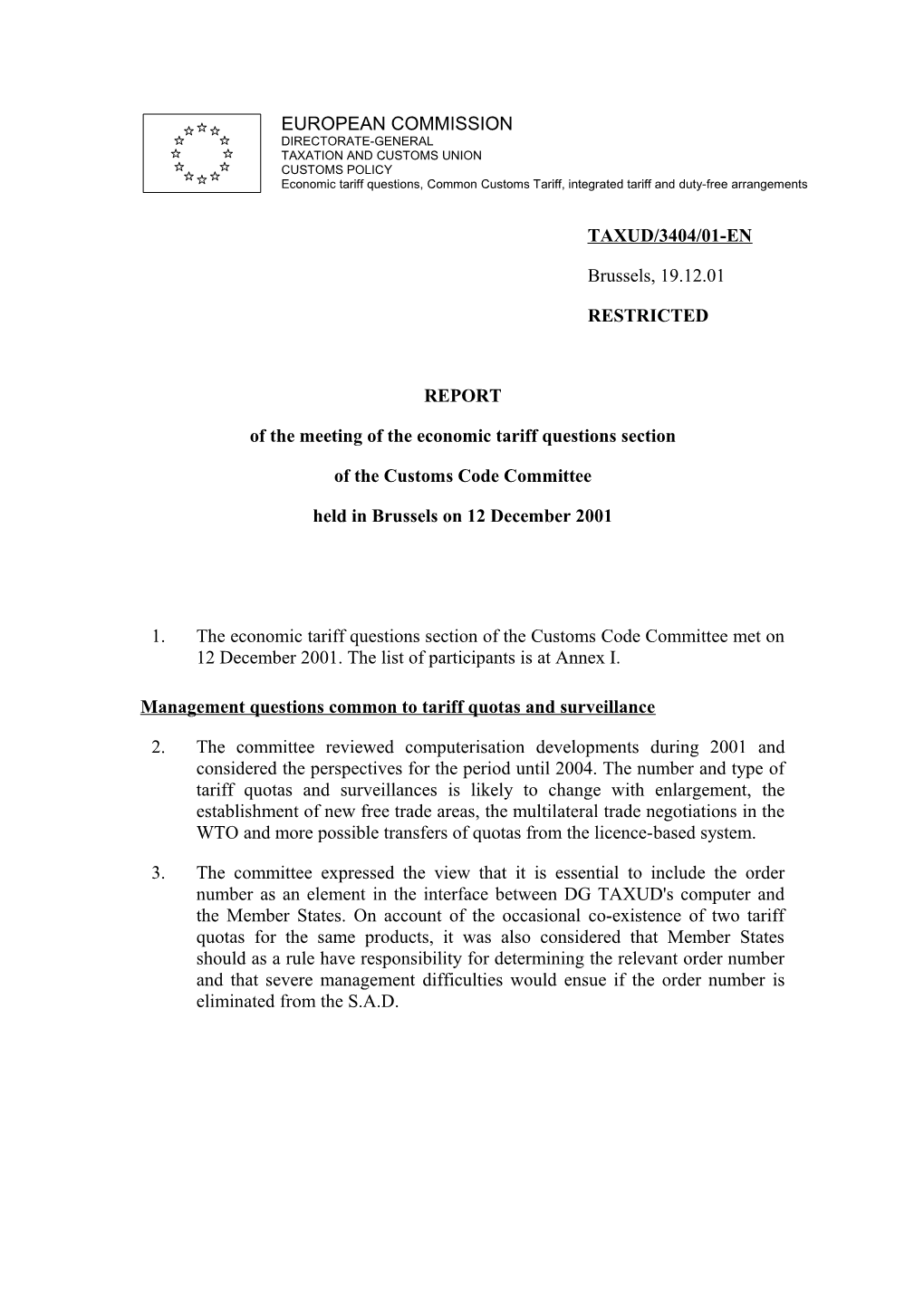 Of the Meeting of the Economic Tariff Questions Section