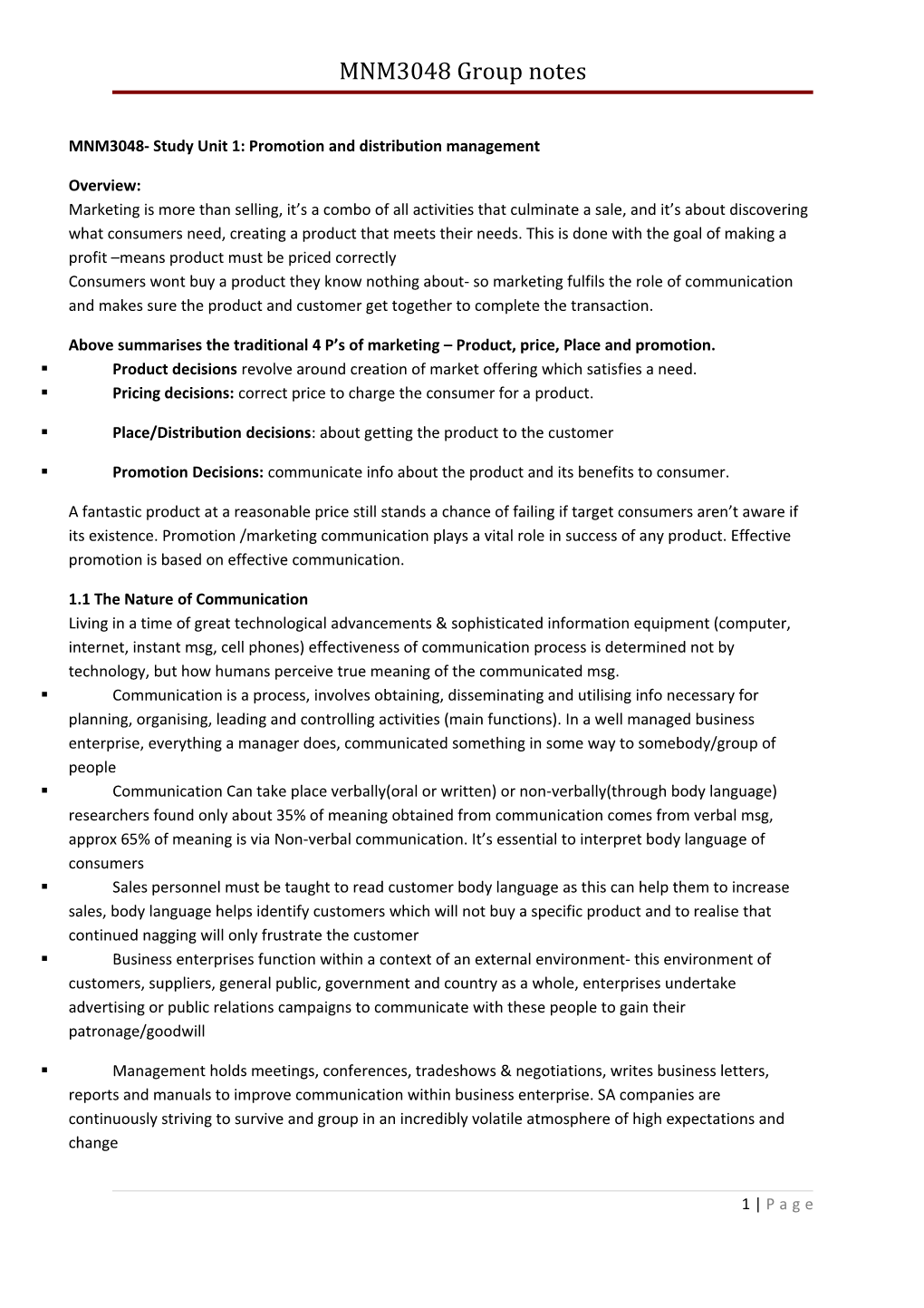 MNM3048- Study Unit 1: Promotion and Distribution Management