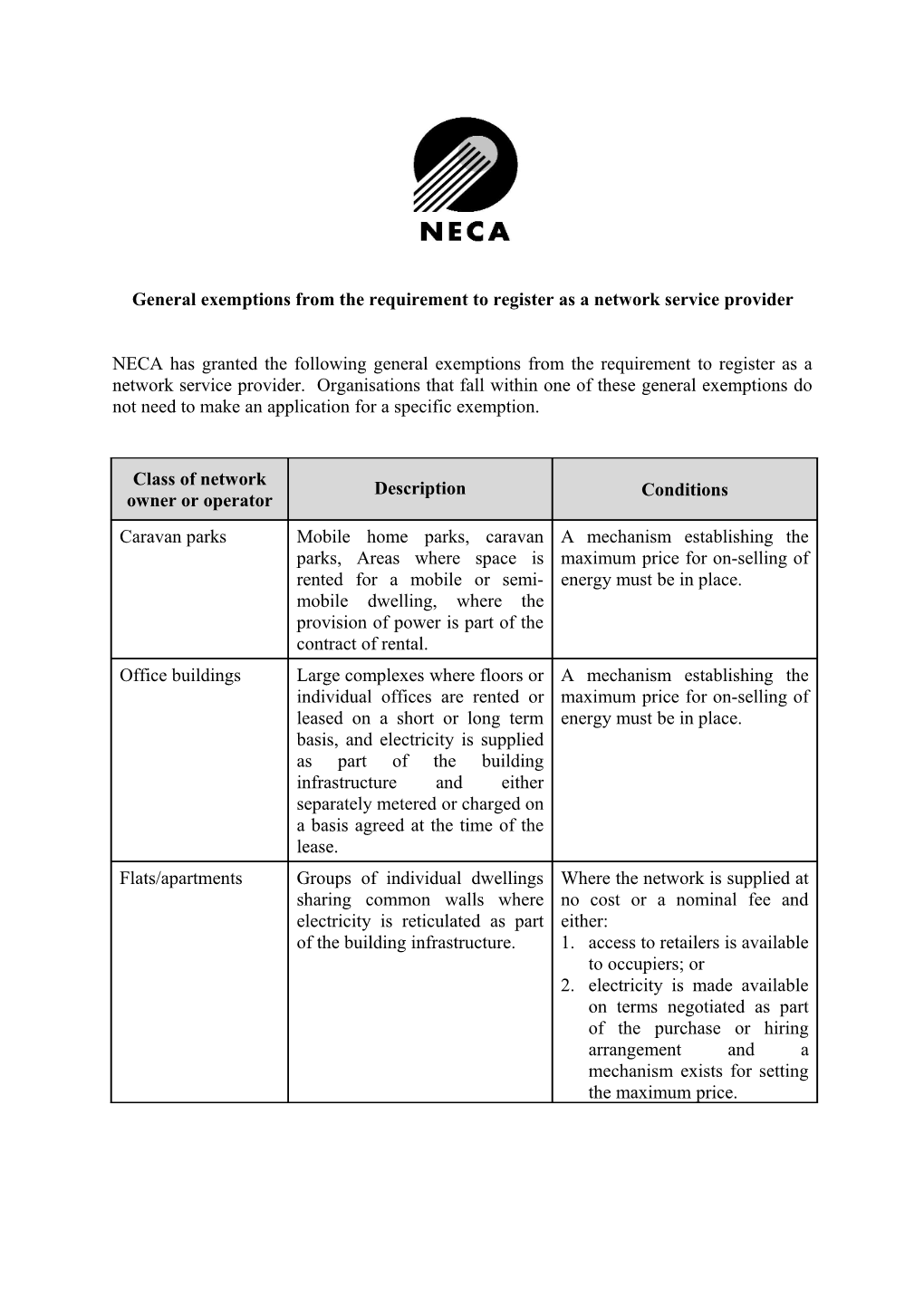 General Exemptions from the Requirement to Register As a Network Service Provider