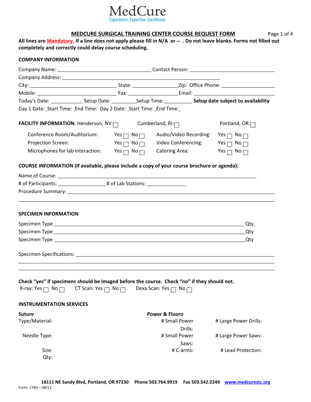 MEDCURE SURGICAL TRAINING CENTER COURSE REQUEST Formpage1 of 4