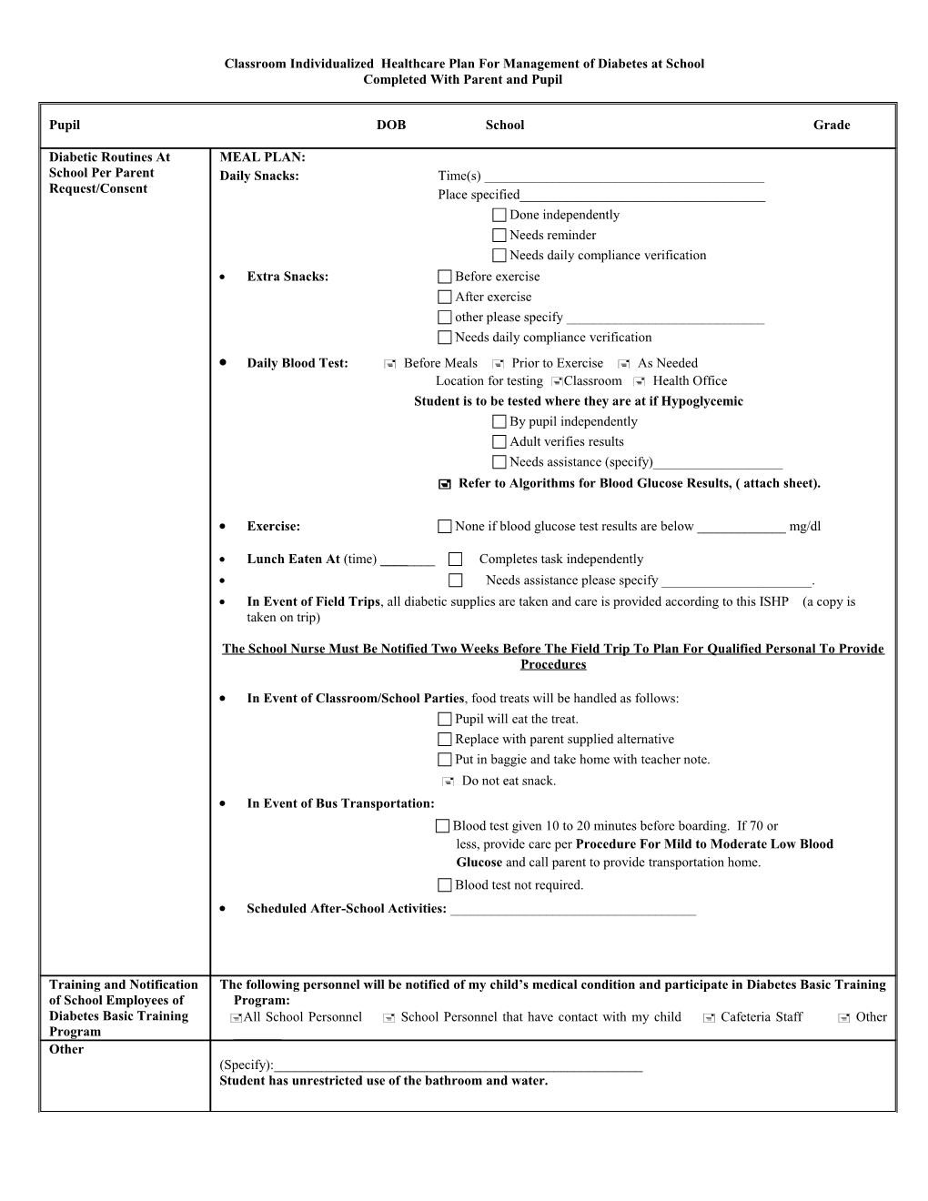 Individualized School Healthcare Plan (ISHP)