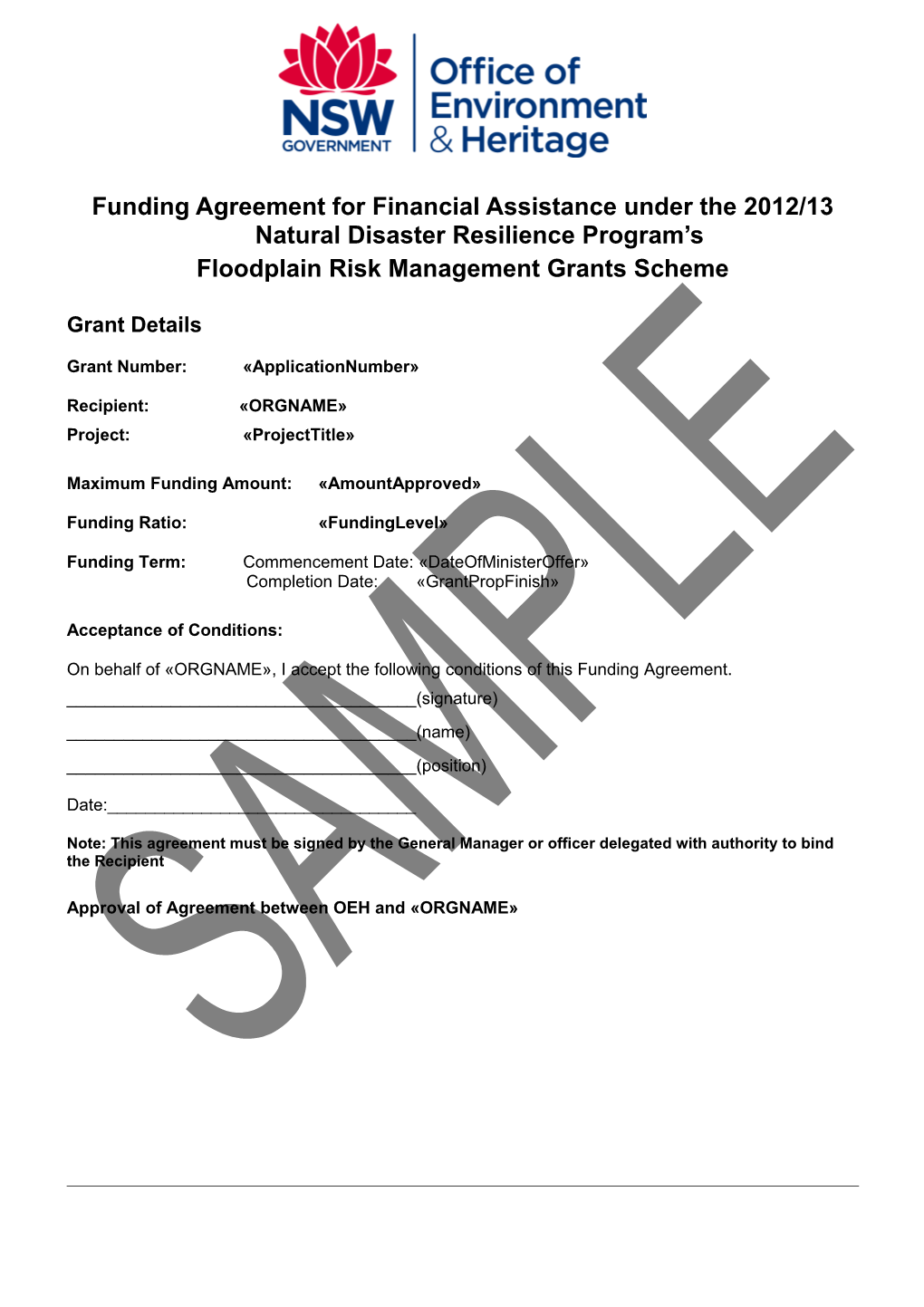 SAMPLE Agreement for Financial Assistance Under the 2012/13 Floodplain Risk Management