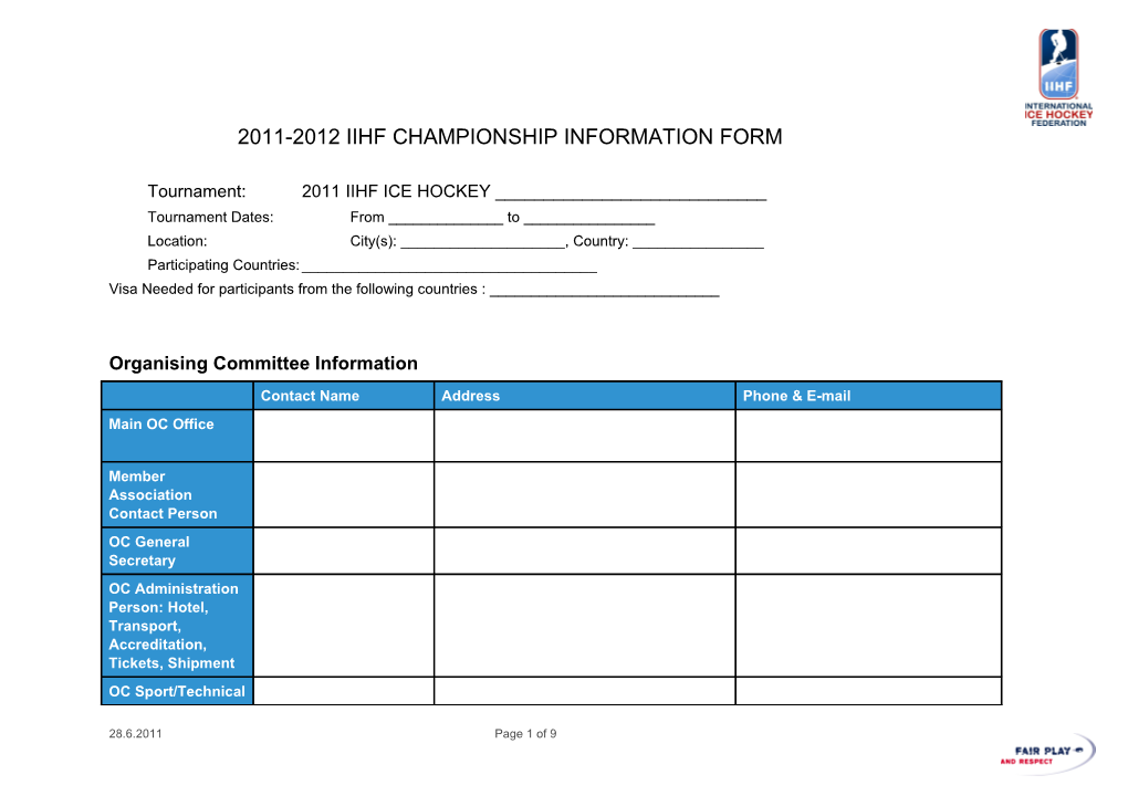 2011-2012 Iihf Championship Information Form
