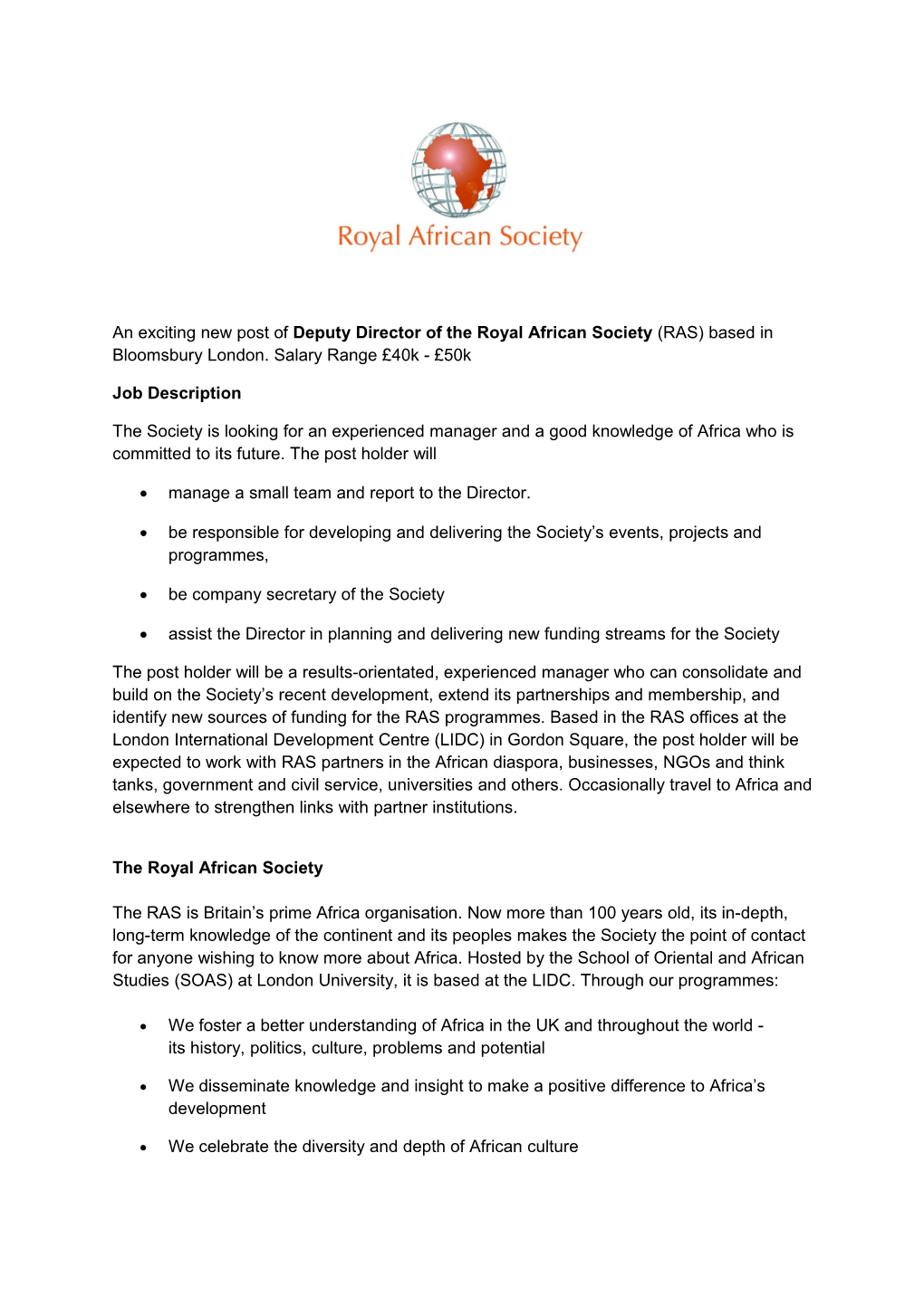 Vacancy at the Royal African Society