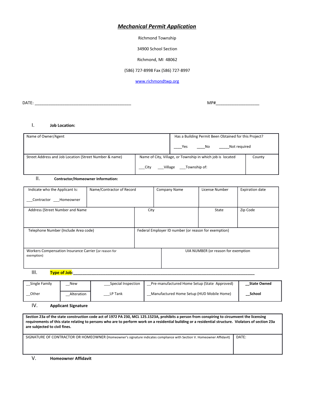 Mechanical Permit Application