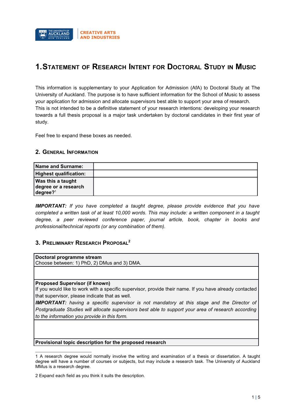 Statement of Research Intent for Doctoral Study in Music