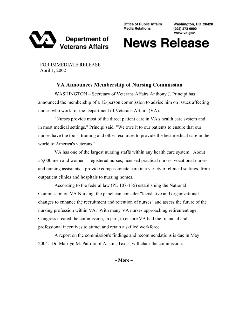 VA Announces Membership of Nursing Commission