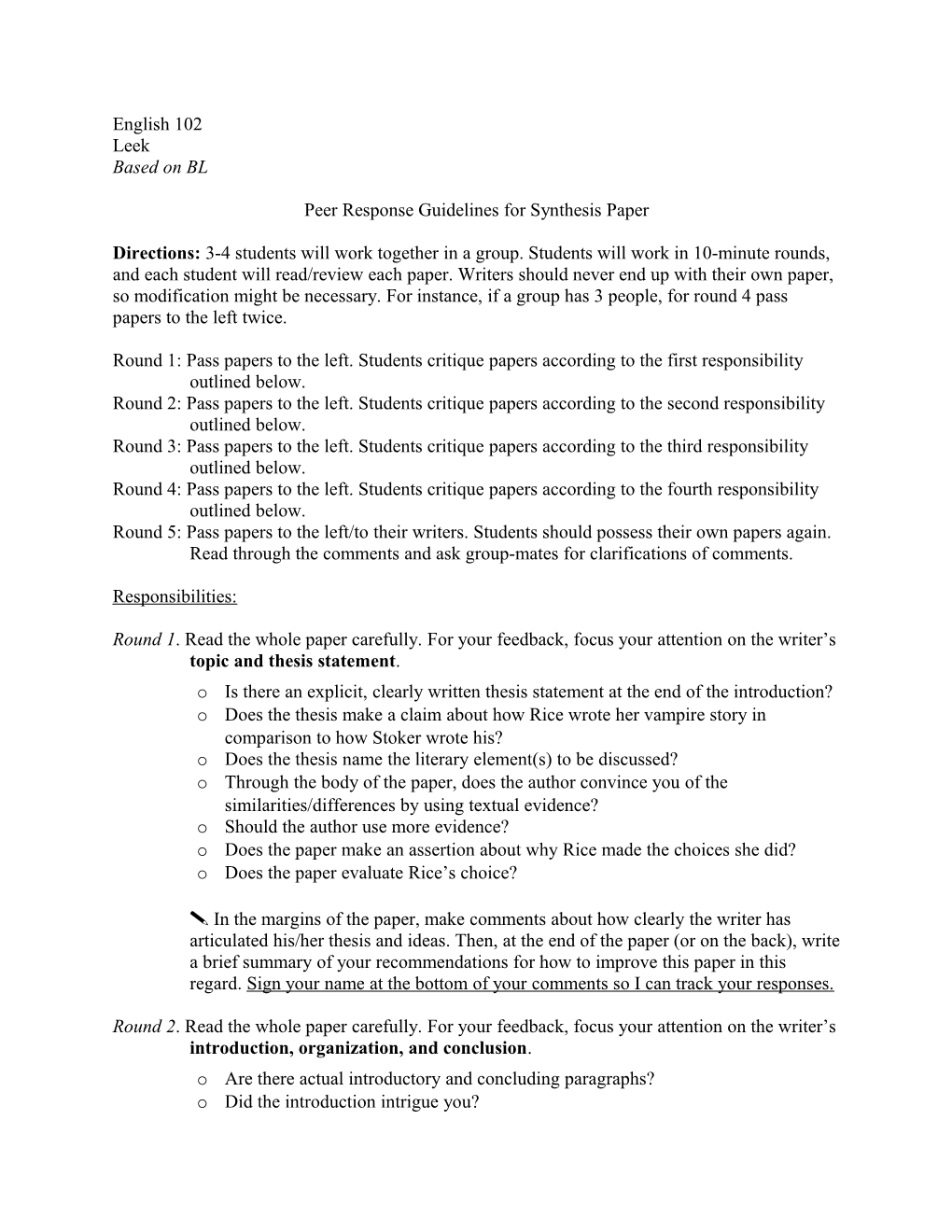 Peer Response Guidelines for Synthesis Paper
