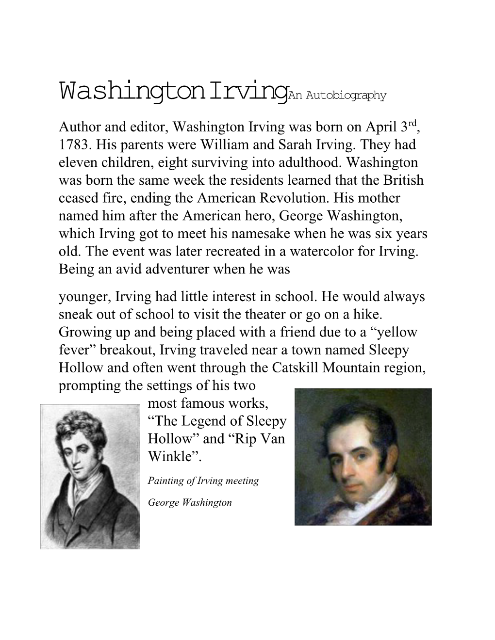 Washington Irving an Autobiography