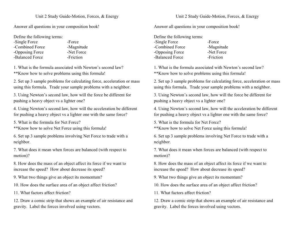 Unit 2 Study Guide-Chemical Interactions