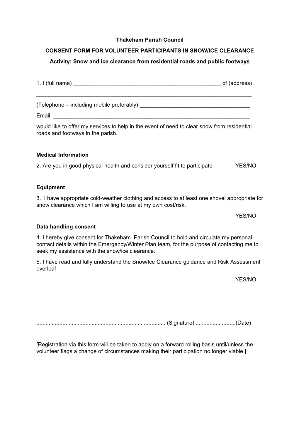Consent Form for Volunteer Participants in Snow/Ice Clearance