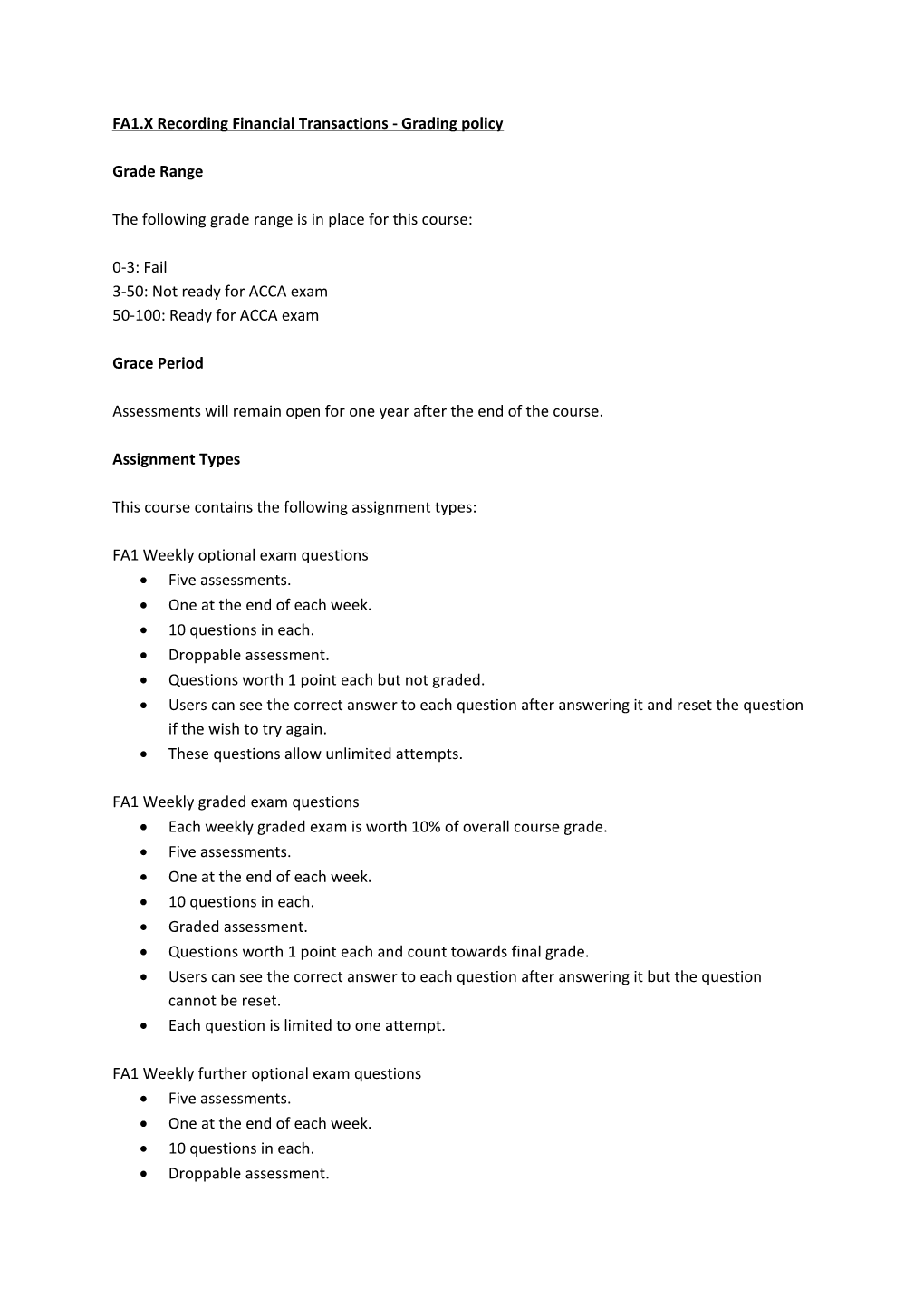 FA1.X Recording Financial Transactions - Grading Policy