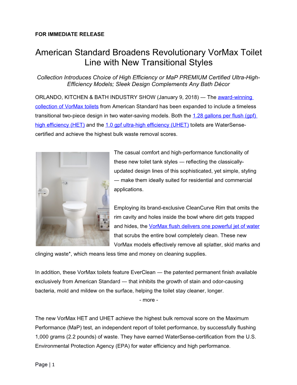 American Standard Broadens Revolutionary Vormax Toilet Line with New Transitional Styles