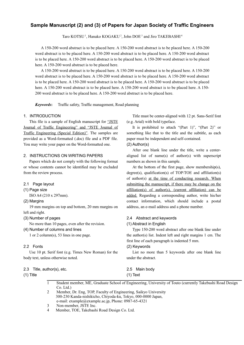 Sample Manuscript (2) and (3) of Papers for Japan Society of Traffic Engineers